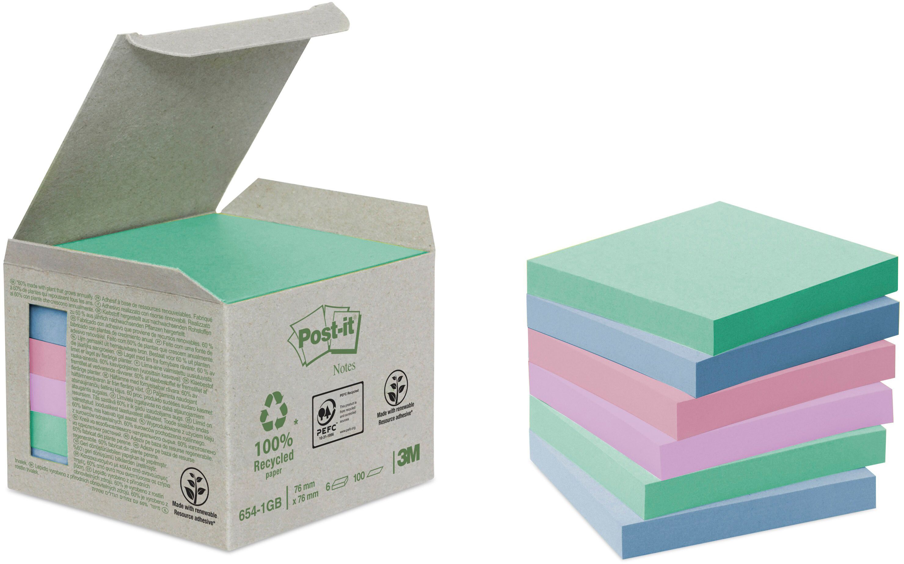 Post-it Green Notes 76 x 76 mm Rainbow Karton mit 6 Block à 100 Blatt, Nr. 654