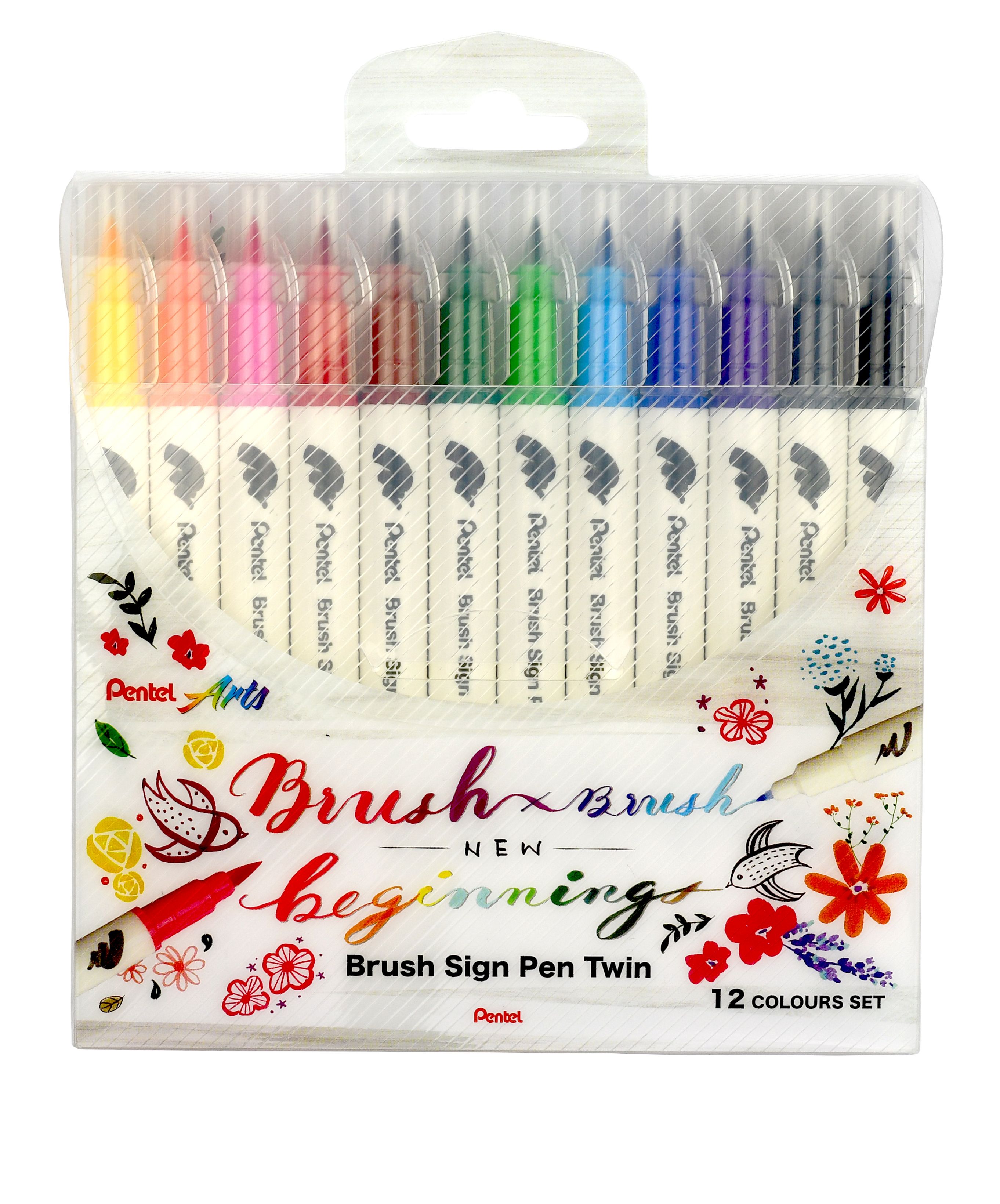 Pentel Brushpen Sign Pen Twin 12-er Set mit jeweils 2 flexiblen Spitzen