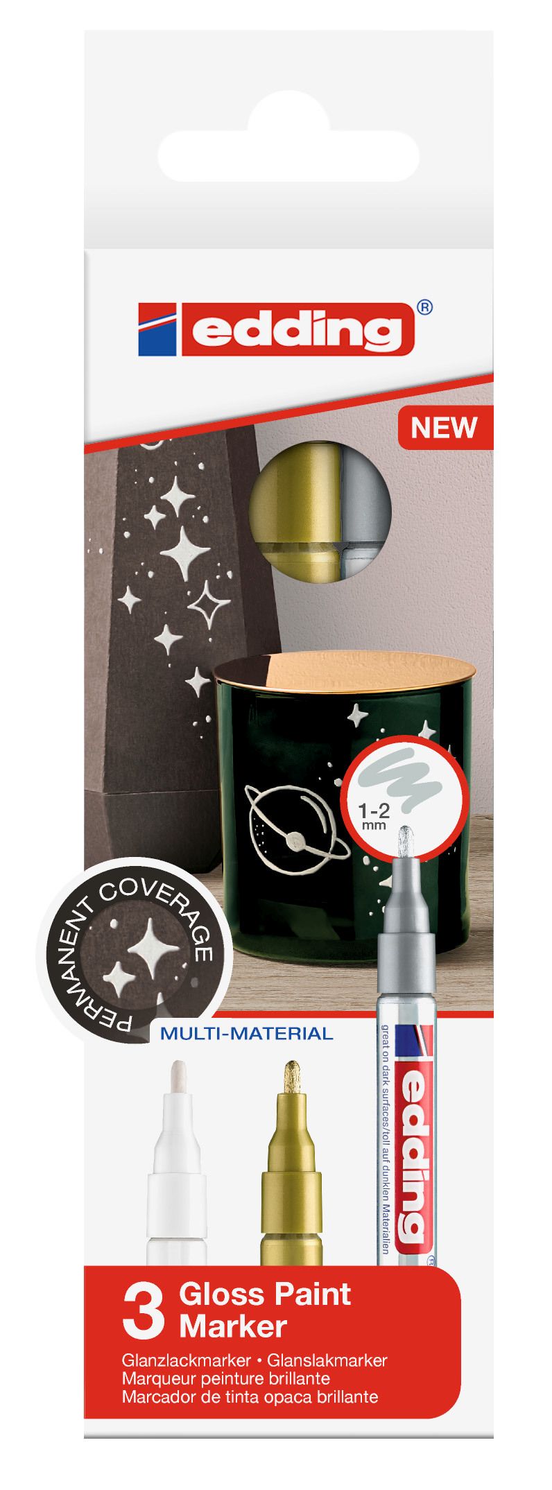 Glanzlackmarker edding 751 3er Etui gold, silber + weiss, 1 - 2 mm