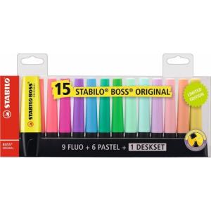 Textmarker Stabilo Boss Original Etui mit 15 Farben / 9 Fluo + 6 Pastell