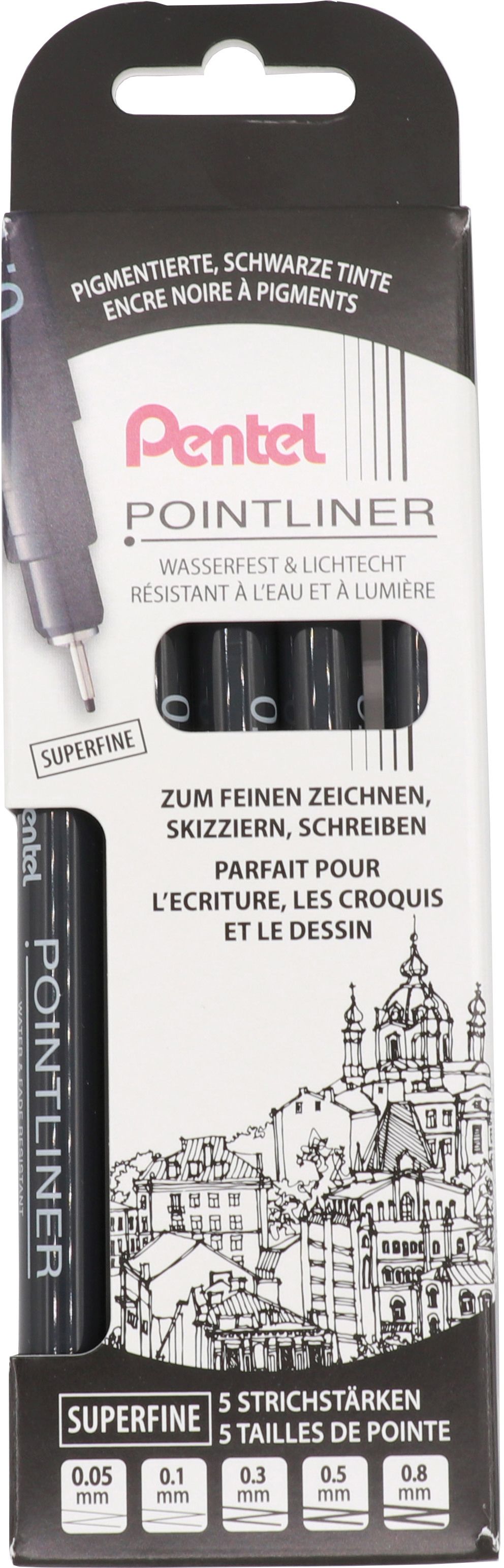 Pentel Pointliner Fineliner superfein schwarz, 5er Set 0,05/0,1/0,3/0,5/0,8mm