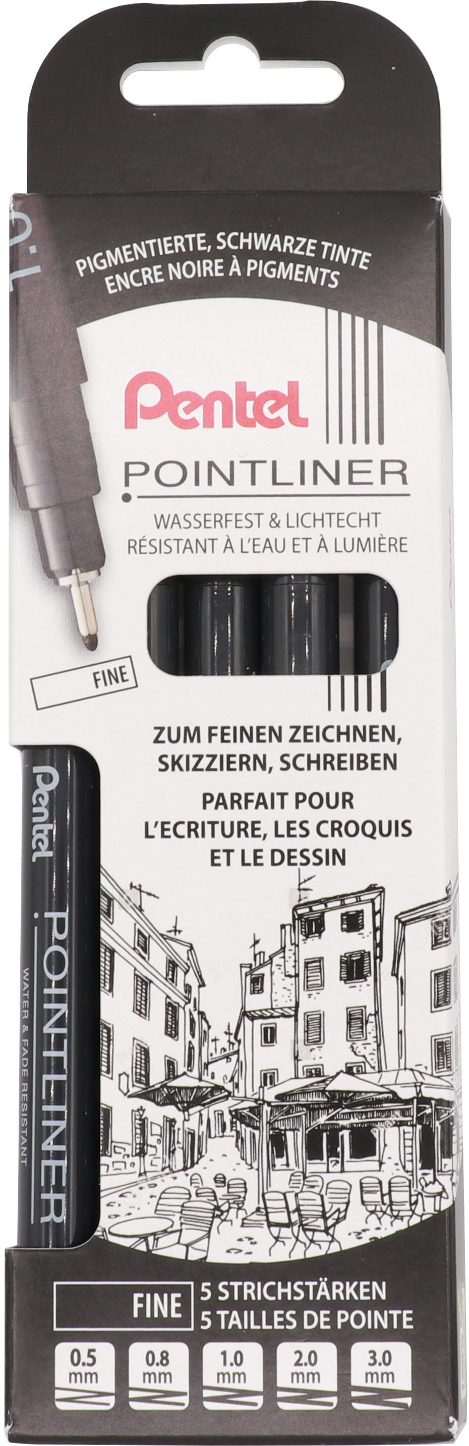 Pentel Pointliner Fineliner fein schwarz, 5er Set 0,5/0,8/1,0/2,0/3,0mm
