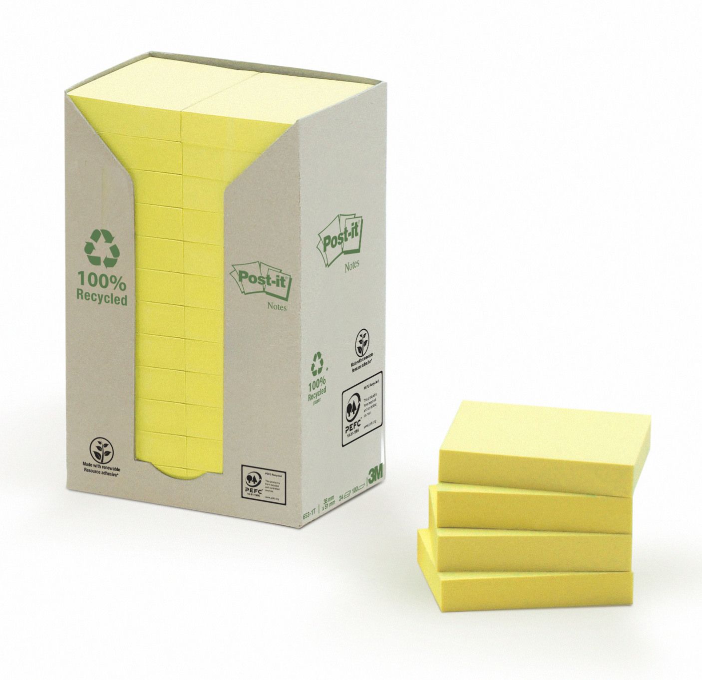 Post-it Green Notes 38 x 51 mm gelb Karton mit 24 Block à 100 Blatt, Nr. 653