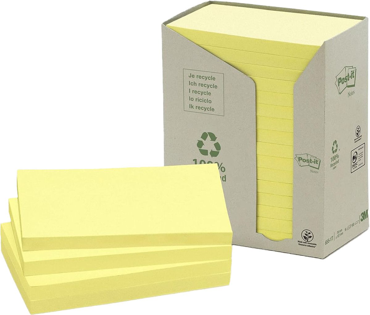 Post-it Green Notes 76 x 127 mm gelb Karton mit 16 Block à 100 Blatt, Nr. 655