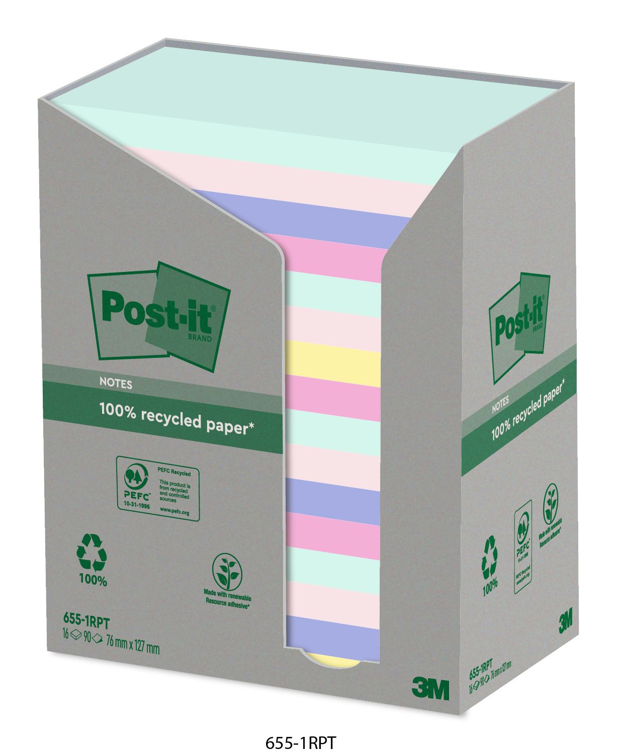 Post-it Green Notes 76 x 127 mm Rainbow Karton mit 16 Block à 100 Blatt, Nr. 655