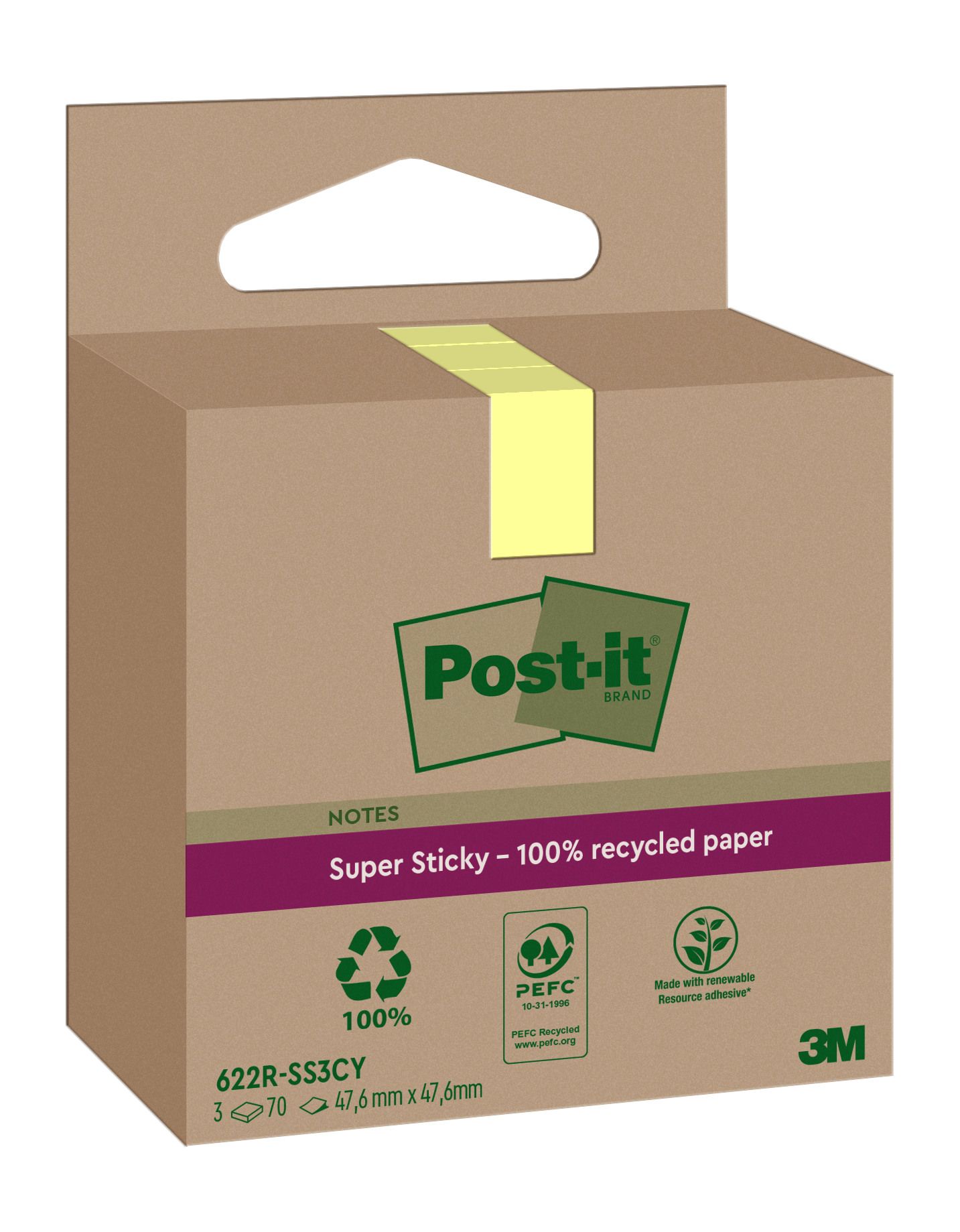 Post-it SuperSticky 47,6 x 47,6 mm gelb Recycling, 3 x 70 Blatt SOL. VORRAT!!