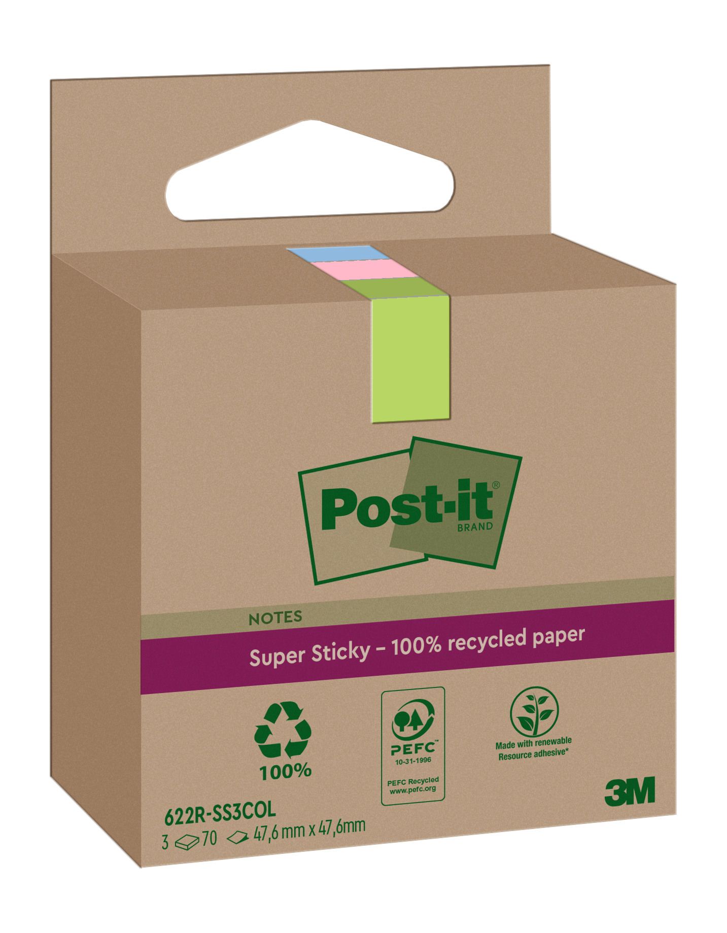 Post-it SuperSticky 47,6 x 47,6 mm color Recycling, 3 x 70 Blatt SOL. VORRAT!!