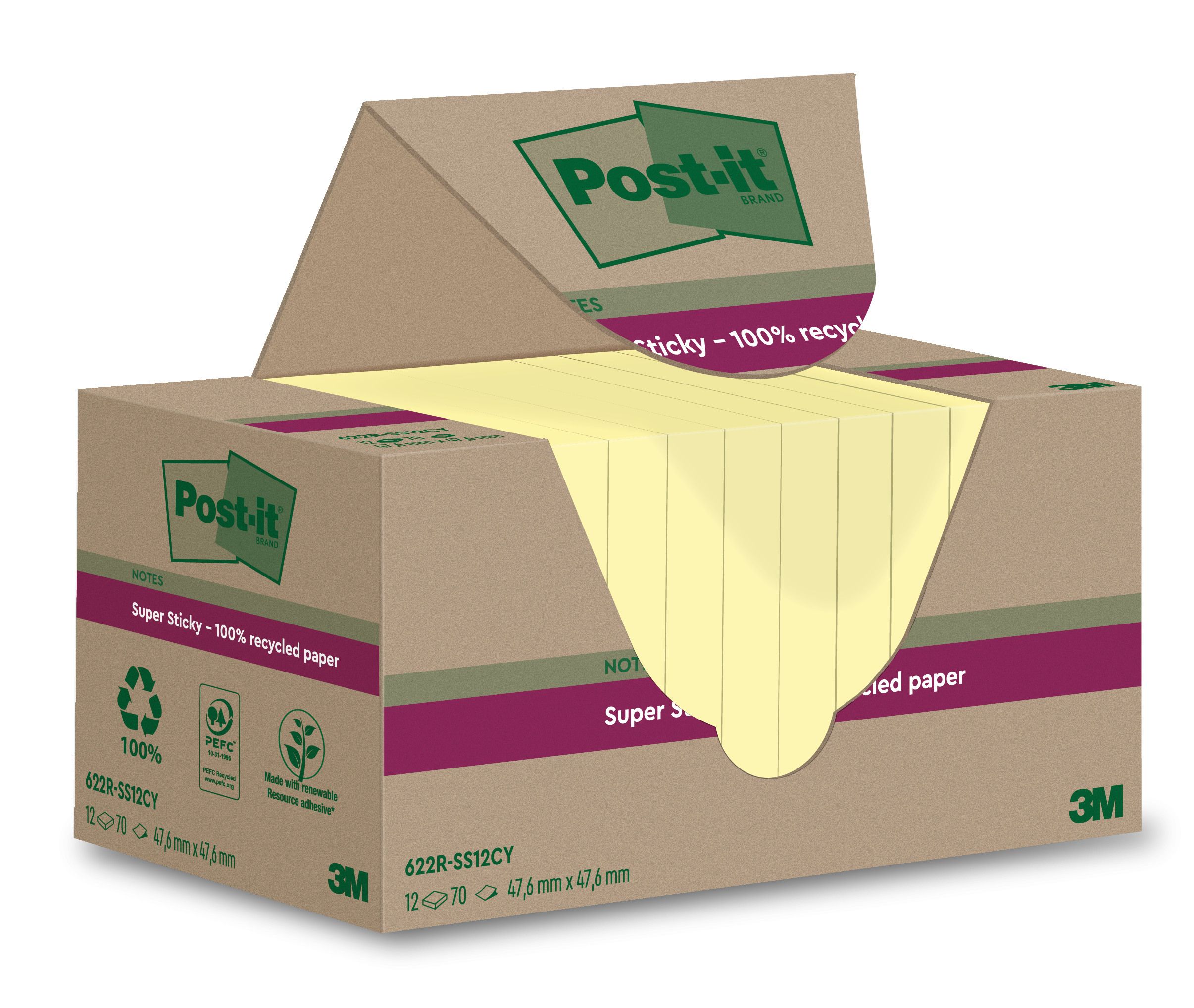 Post-it SuperSticky 47,6 x 47,6 mm gelb Recycling, 12 x 70 Blatt SOL. VORRAT!!