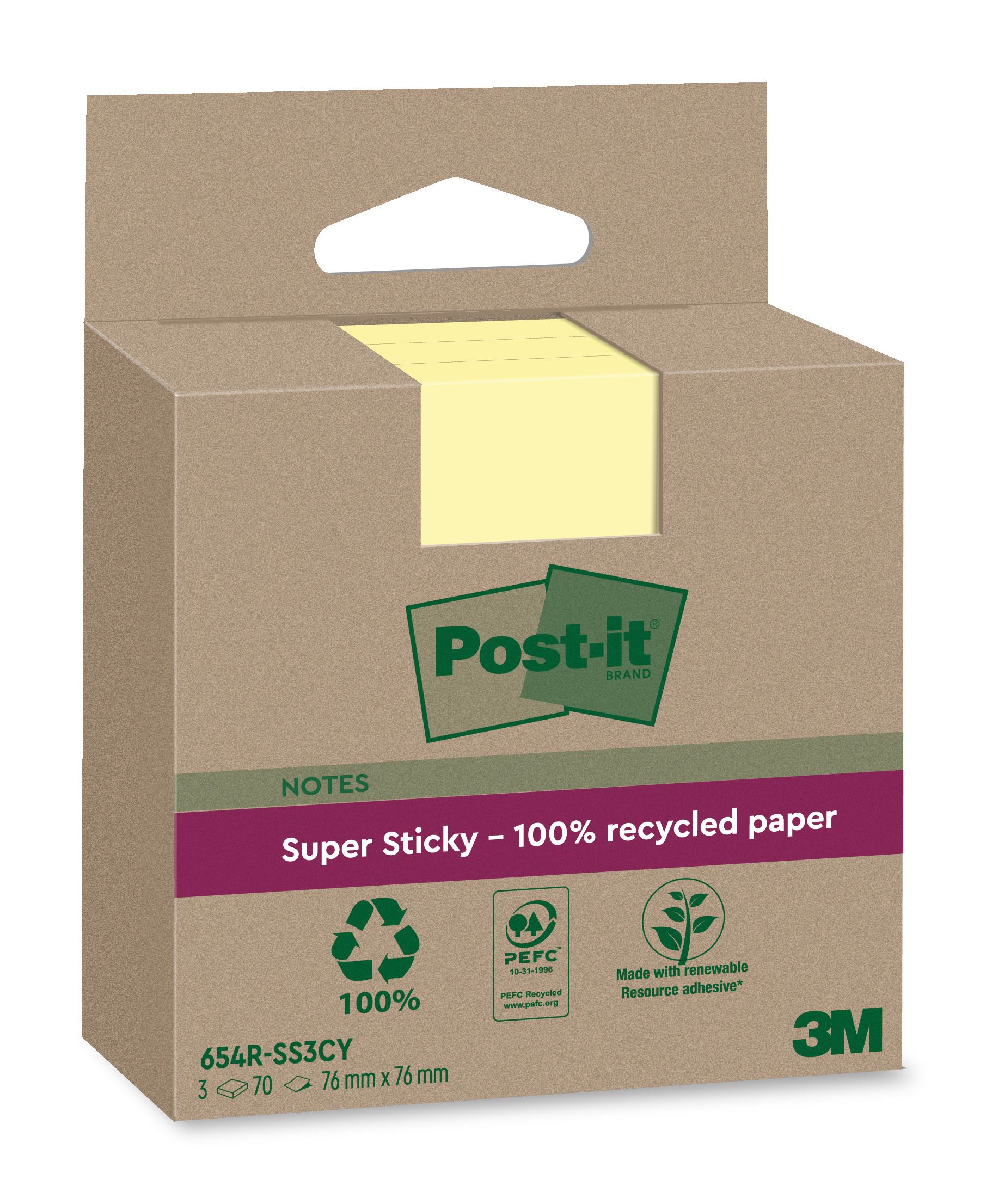 Post-it SuperSticky 76 x 76 mm gelb Recycling, 3 x 70 Blatt SOL. VORRAT!!
