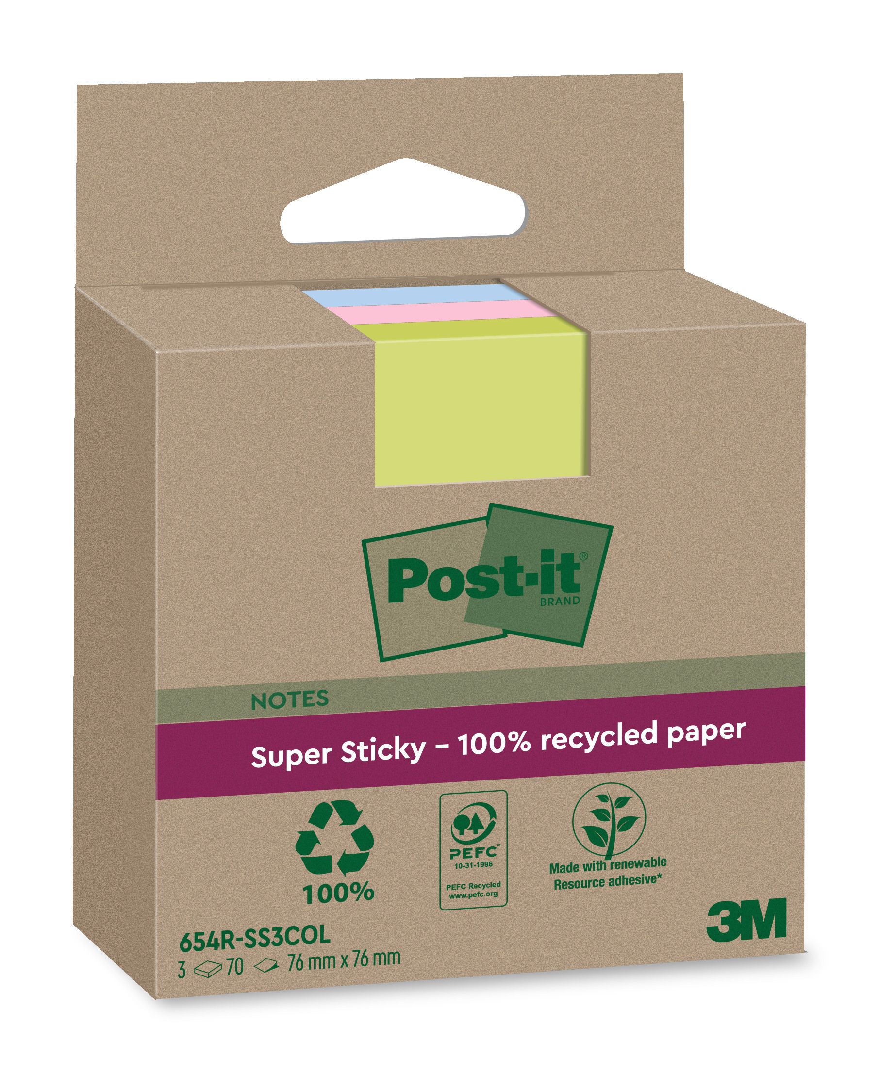 Post-it SuperSticky 76 x 76 mm color Recycling, 3 x 70 Blatt SOL. VORRAT!!