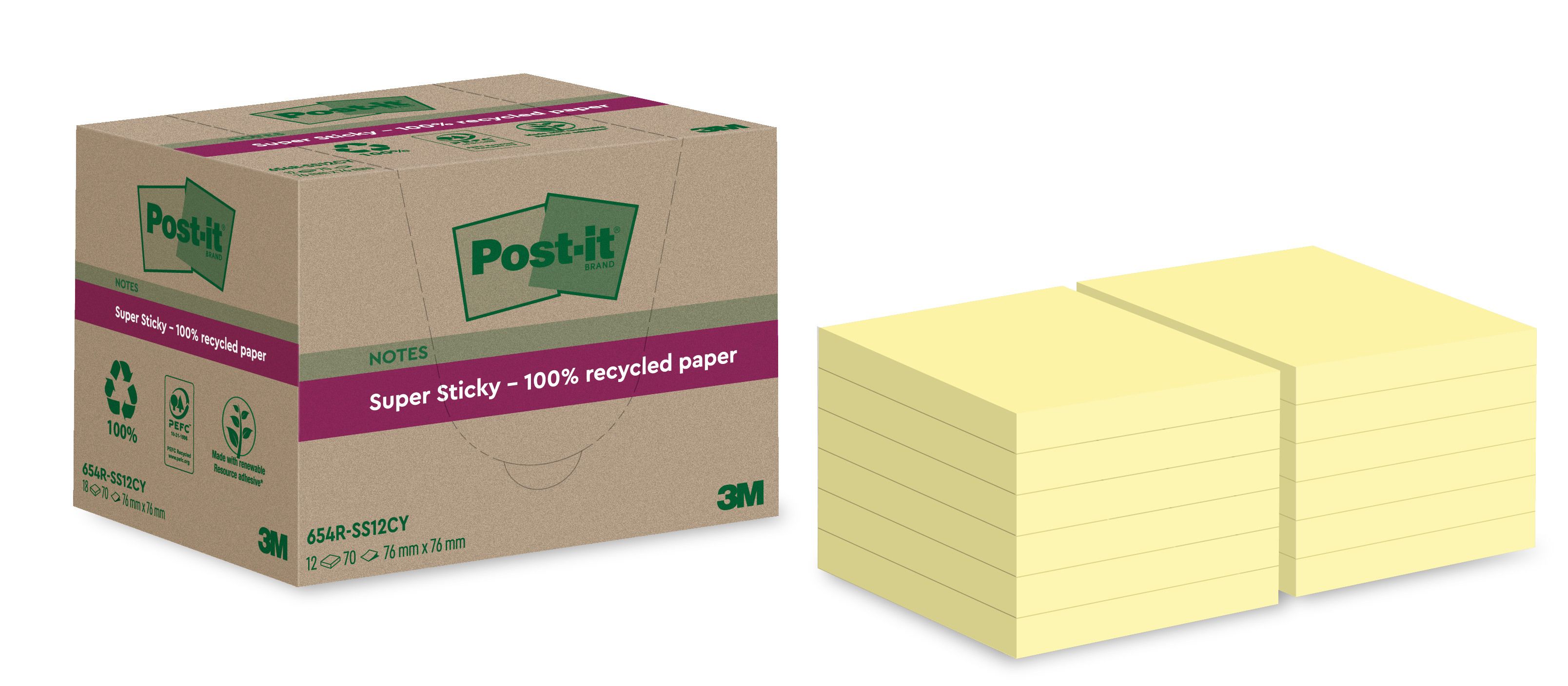Post-it SuperSticky 76 x 76 mm gelb Recycling, 12 x 70 Blatt SOL. VORRAT!!