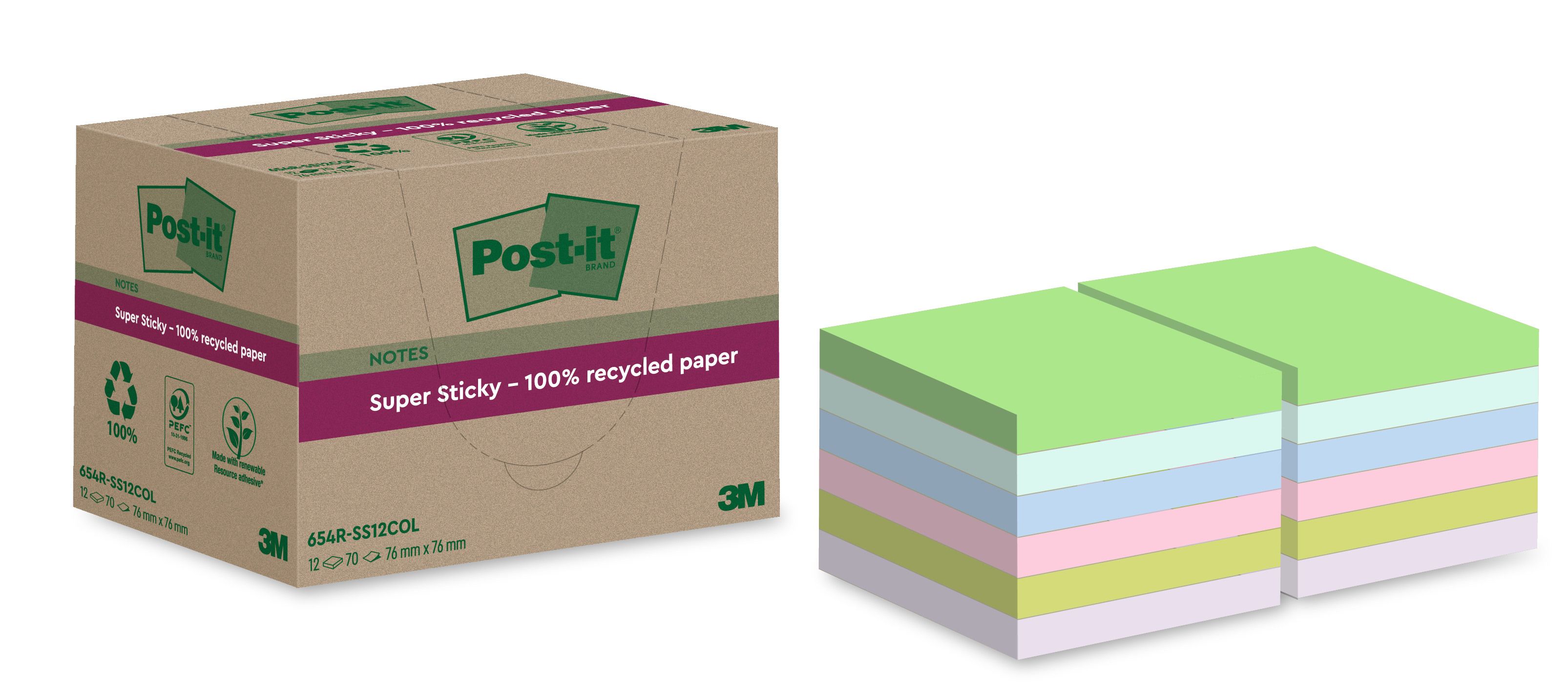 Post-it SuperSticky 76 x 76 mm color Recycling, 12 x 70 Blatt SOL. VORRAT!!