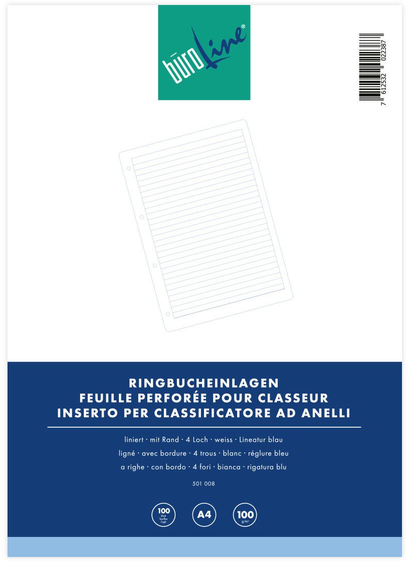 Einlageblätter A4, 9 mm liniert m. Rand 4-fach gelocht, Nr. 501008, Pk à 100 Stk