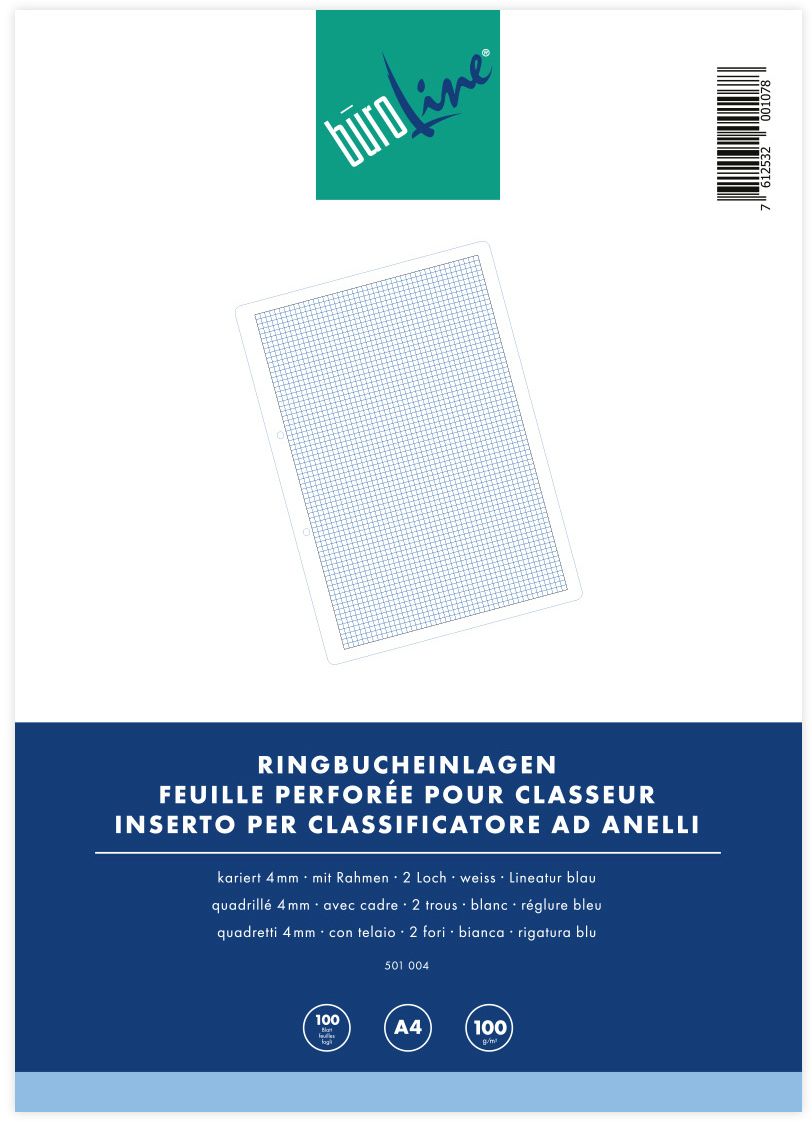 Einlageblätter A4, 4 mm kariert m. Rand 2-fach gelocht, Nr. 501004, Pk à 100 Stk