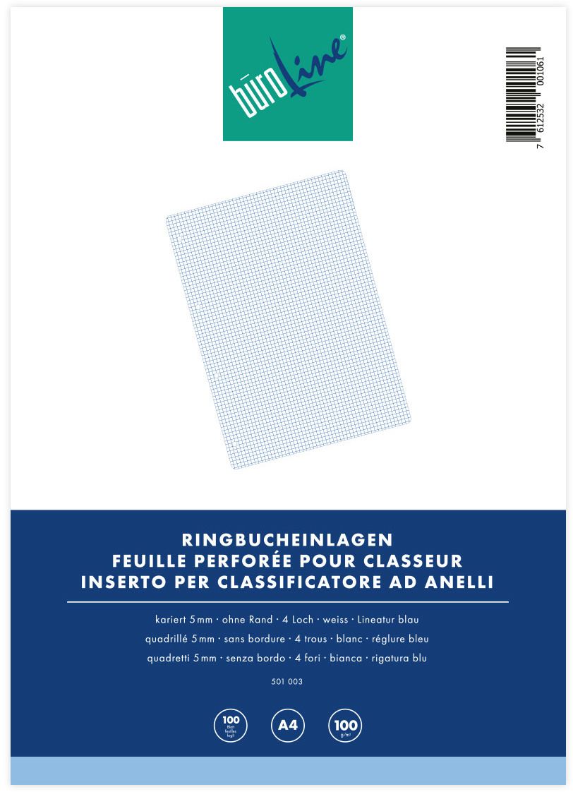 Einlageblätter A4 5 mm kariert ohne Rand 4-fach gelocht, Pk. à 100 Blatt