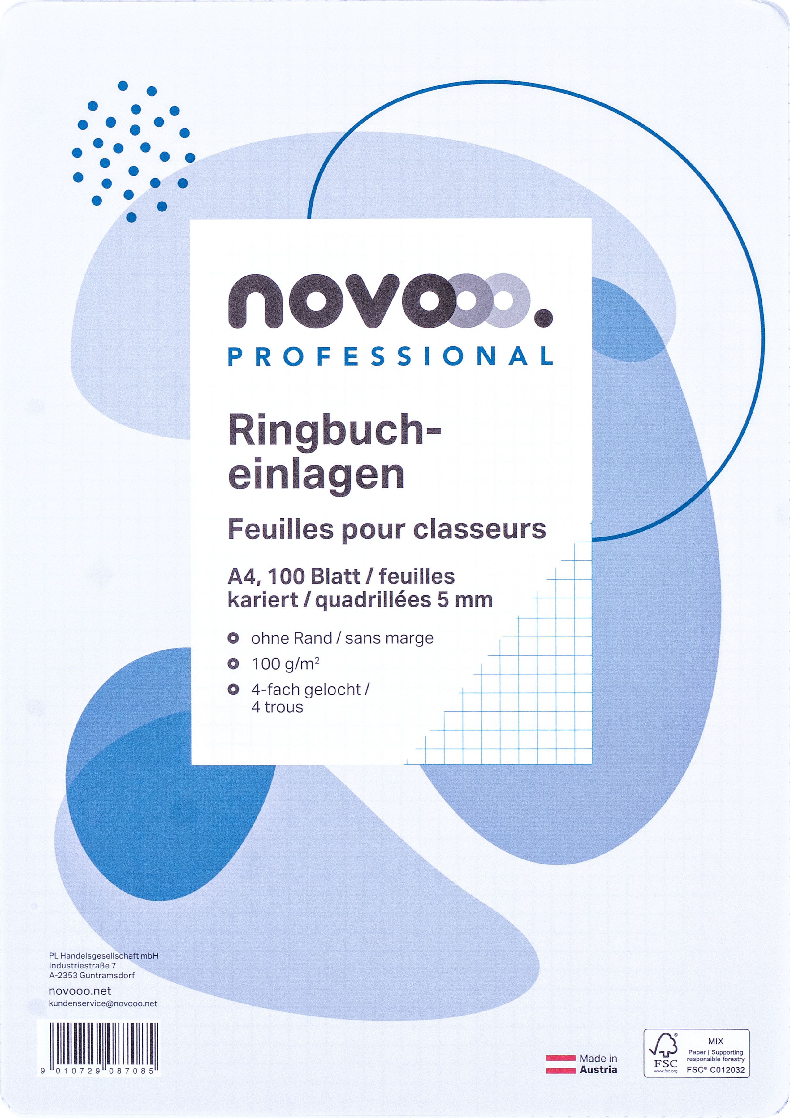 Einlageblätter A4 5 mm kariert ohne Rand 2-fach gelocht, Pk. à 100 Blatt