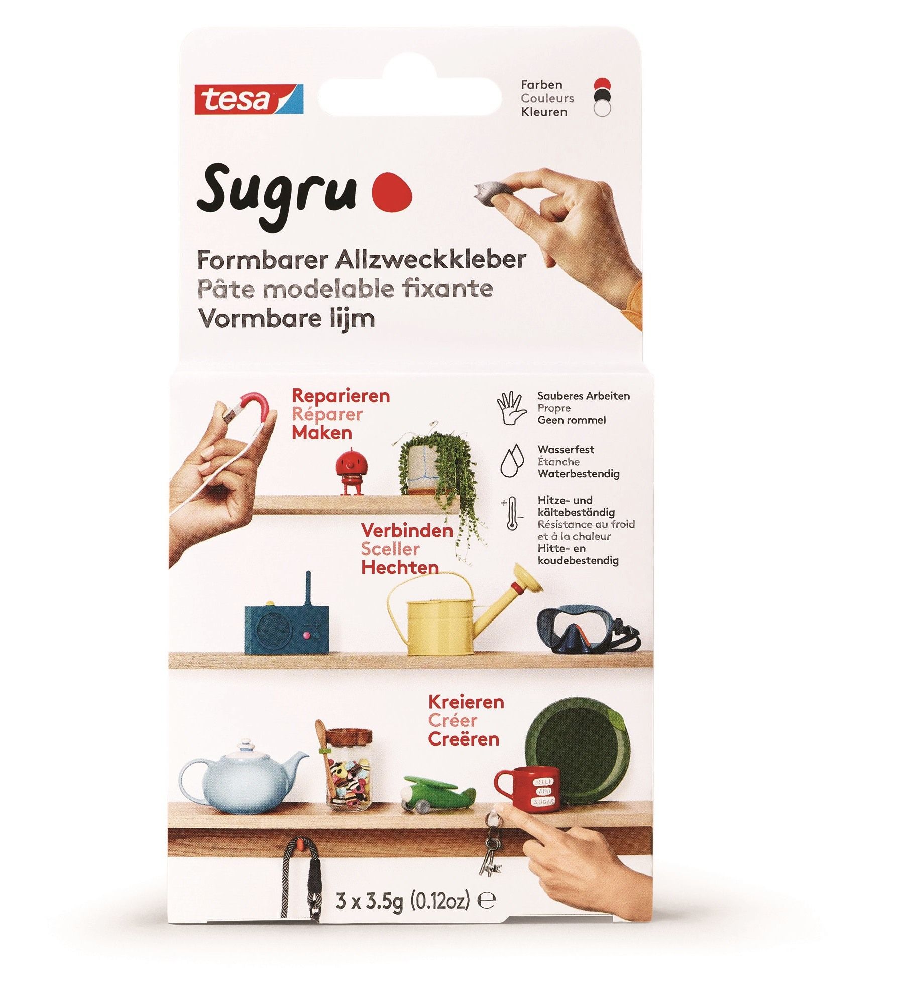 Tesa Sugru Formbare Allzweckkleber schwarz, weiss, rot, Sch. à 3 x 3,5g