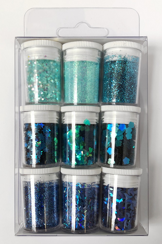 Glimmer hellblau / blau Set à 9 Dösli SPEZIALBESTELLUNG